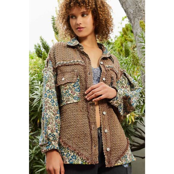 POL Chocolate Multi Oversized Jacquard Tapestry Button Down Floral Print Shacket - Picture 5 of 5